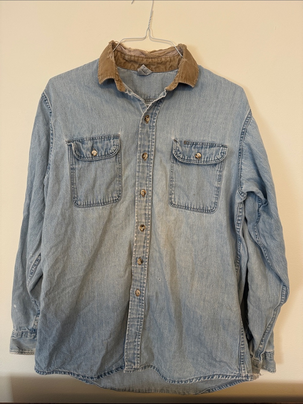 ✅ VINTAGE Prentiss Distressed Long Sleeve Button Up Denim Shirt Corduroy Collar